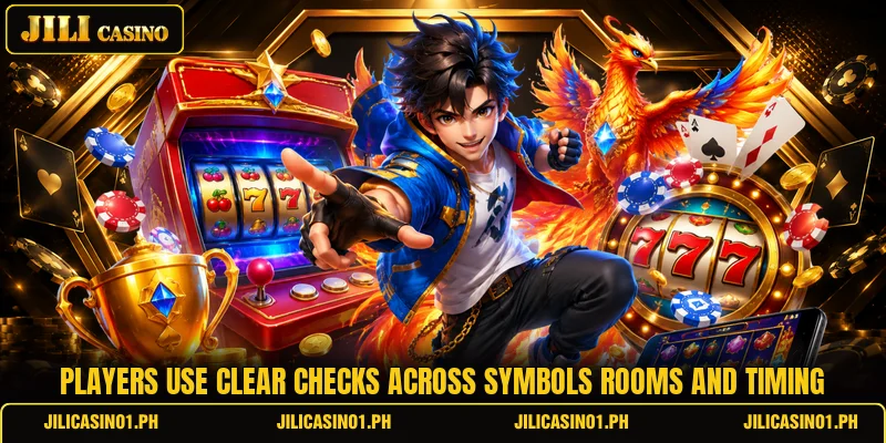 Players use clear checks across symbols rooms and timing Players use clear checks across symbols rooms and timing